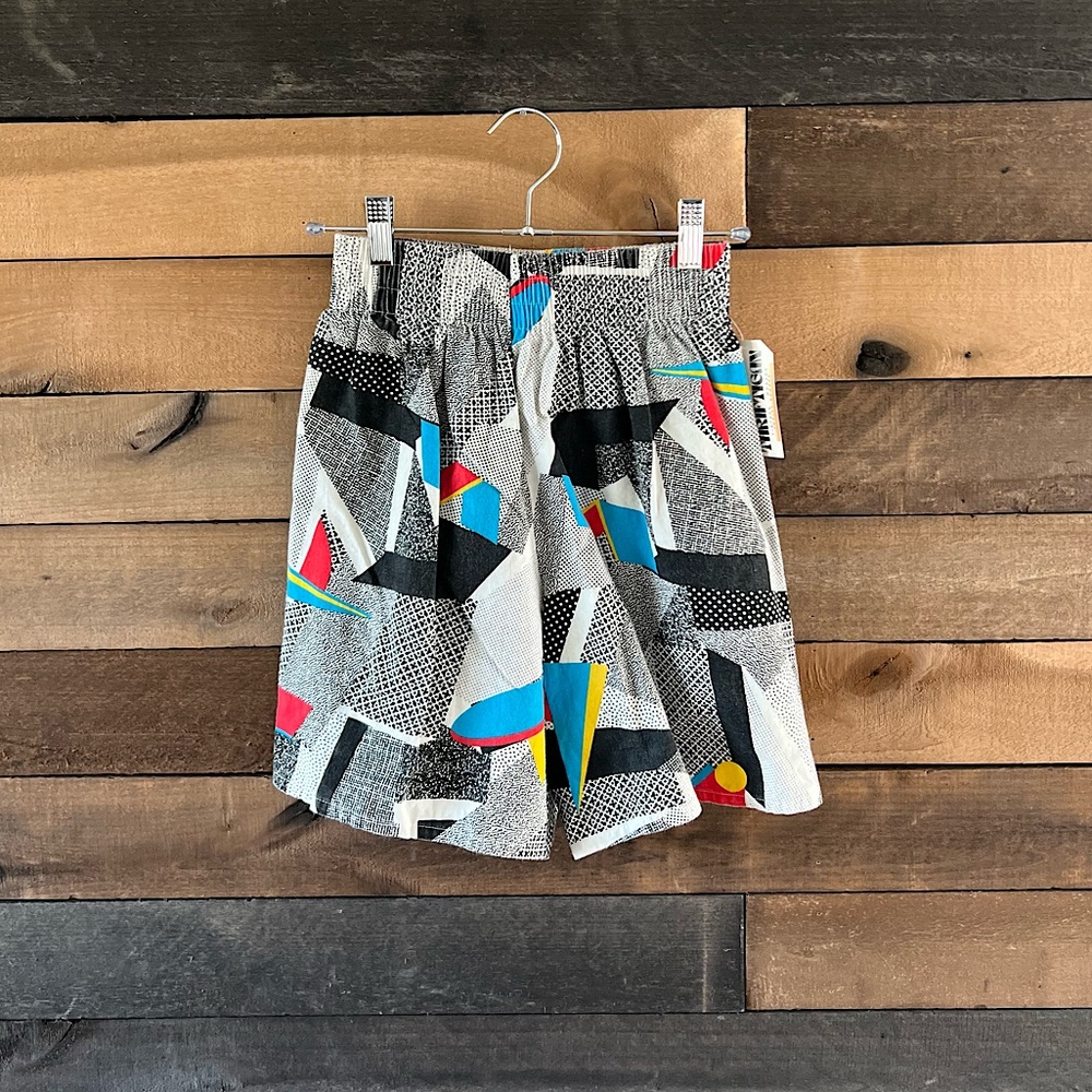 Vintage Kids 80s JK Ltd Abstract Print High Waisted Cotton Shorts - Picture 1 of 9